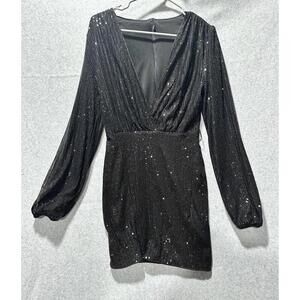 Women’s Black Sequin Short Dress  With Long Sleeve Party Cocktail Size Small